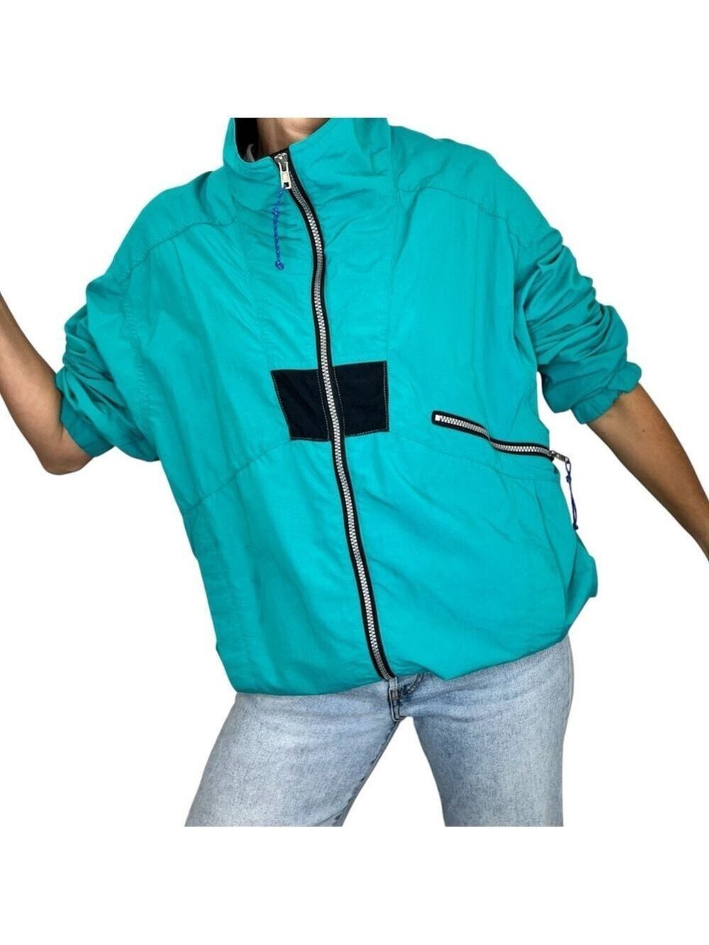 Vintage 80s 90s REI teal black colour block lightweight windbreaker jacket